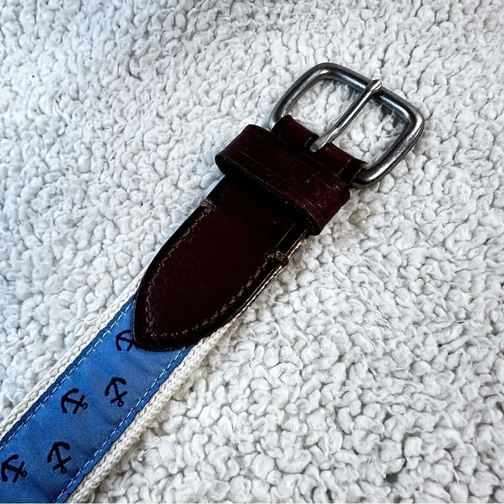 J. Crew Cotton Blue & Cream Anchor Nautical Leather Trim Silver Tone Buckle, 30